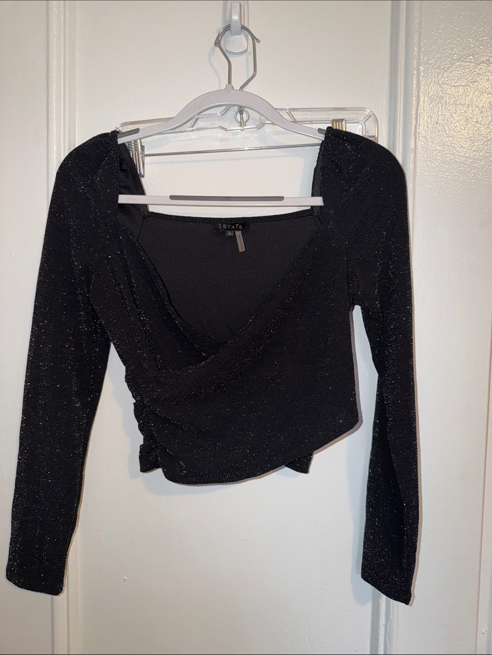 1. State Black Sparkle Wrap-Front Long Sleeve Top